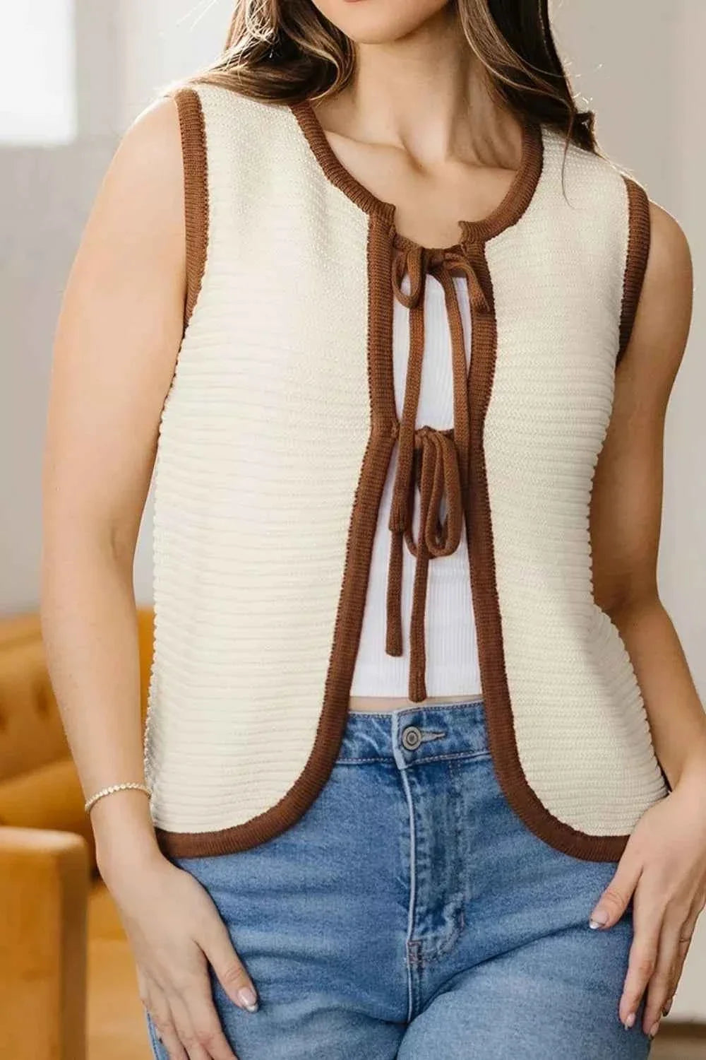 Contrast Trim Tie-Front Sweater Vest