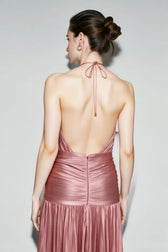 Metallic Pleated Slit Tie Halter Sleeveless Formal Dress