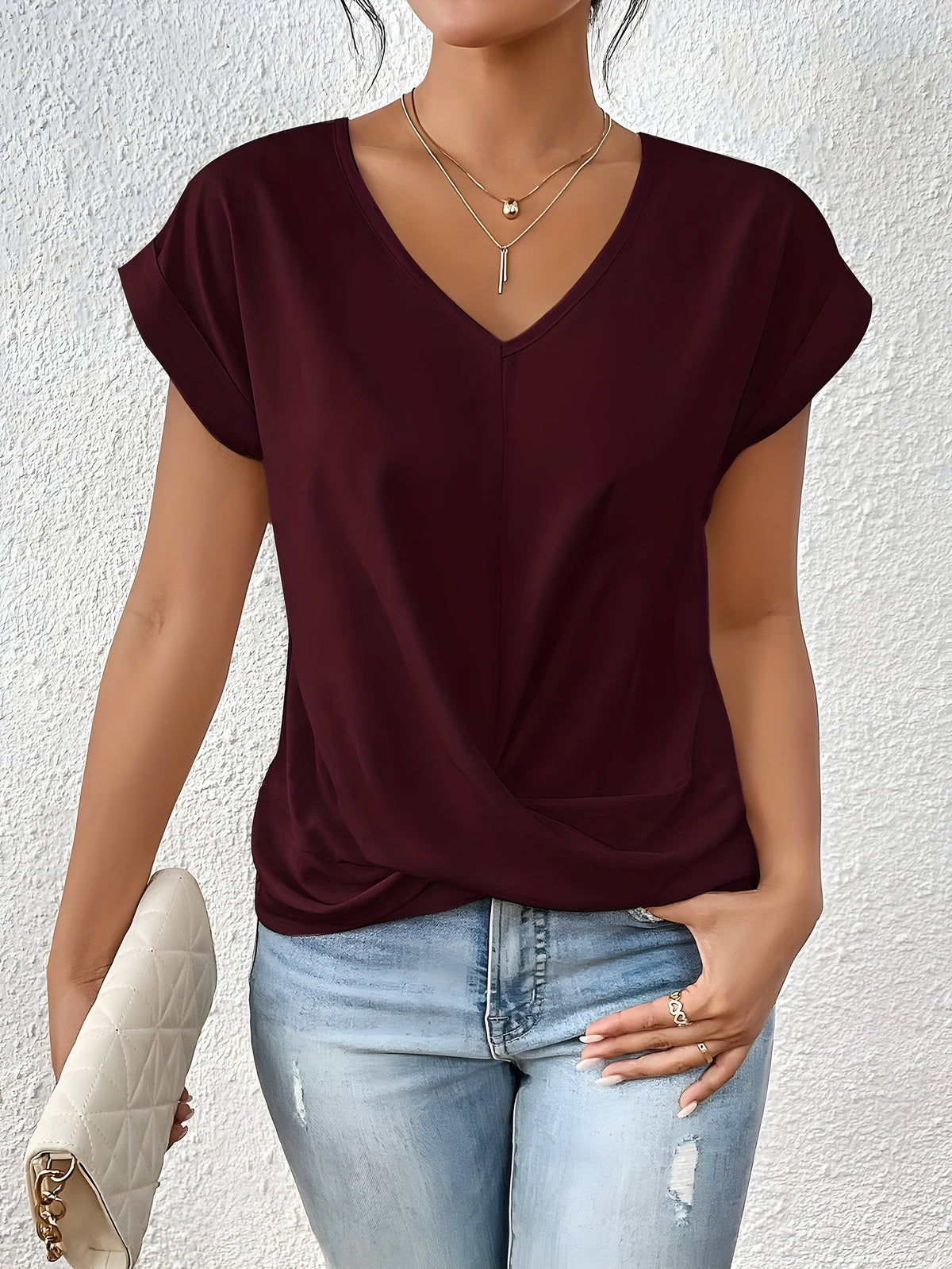 V-Neck Short Sleeve Twist Front Top