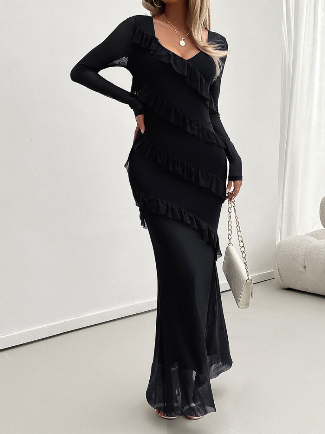 Mesh Surplice V-Neck Long Sleeve Tiered Ruffle Mermaid Maxi Dress 14