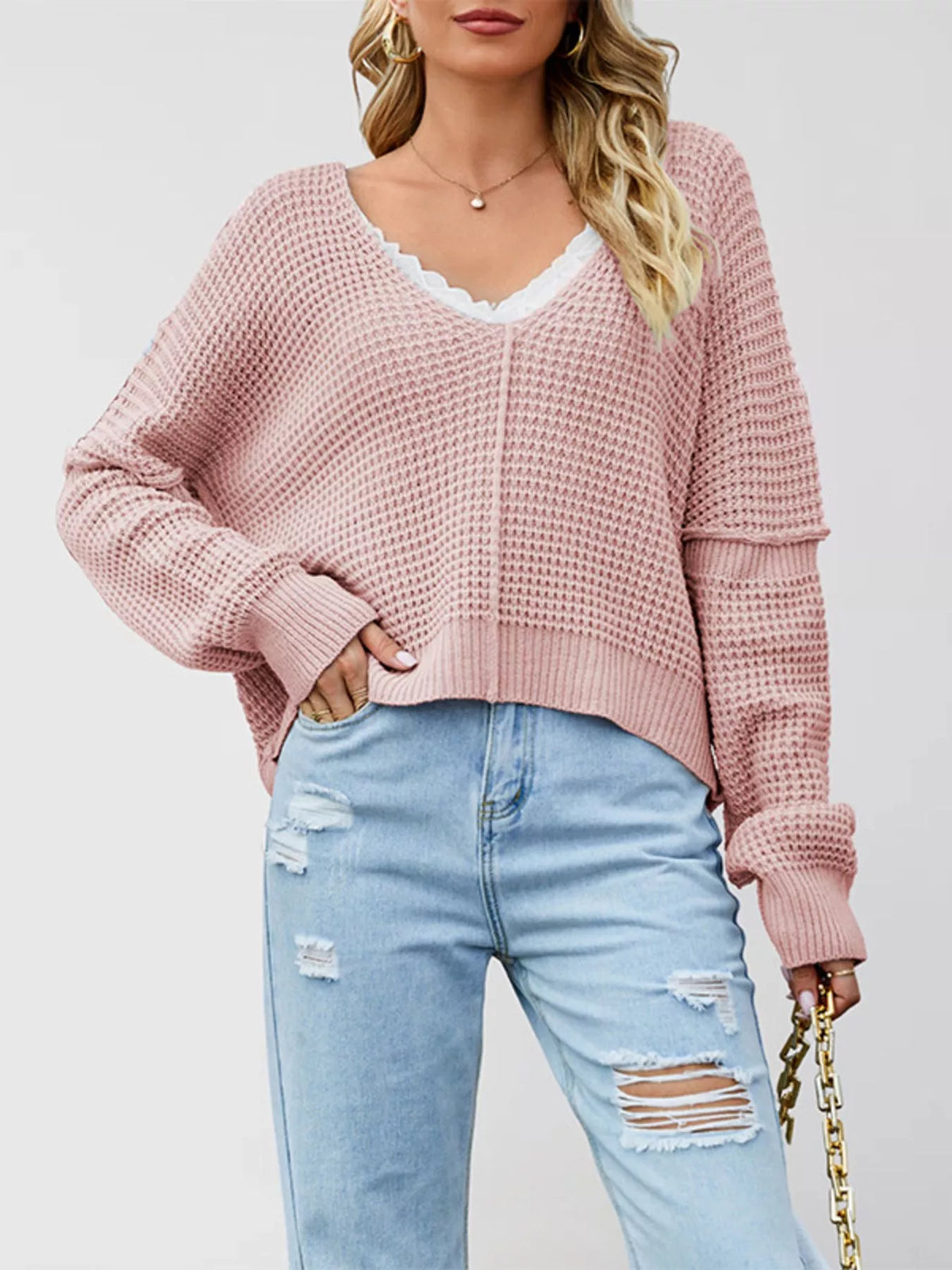 V-Neck Waffle Knit Drop Shoulder Exposed Seam Long Sleeve Sweater 9