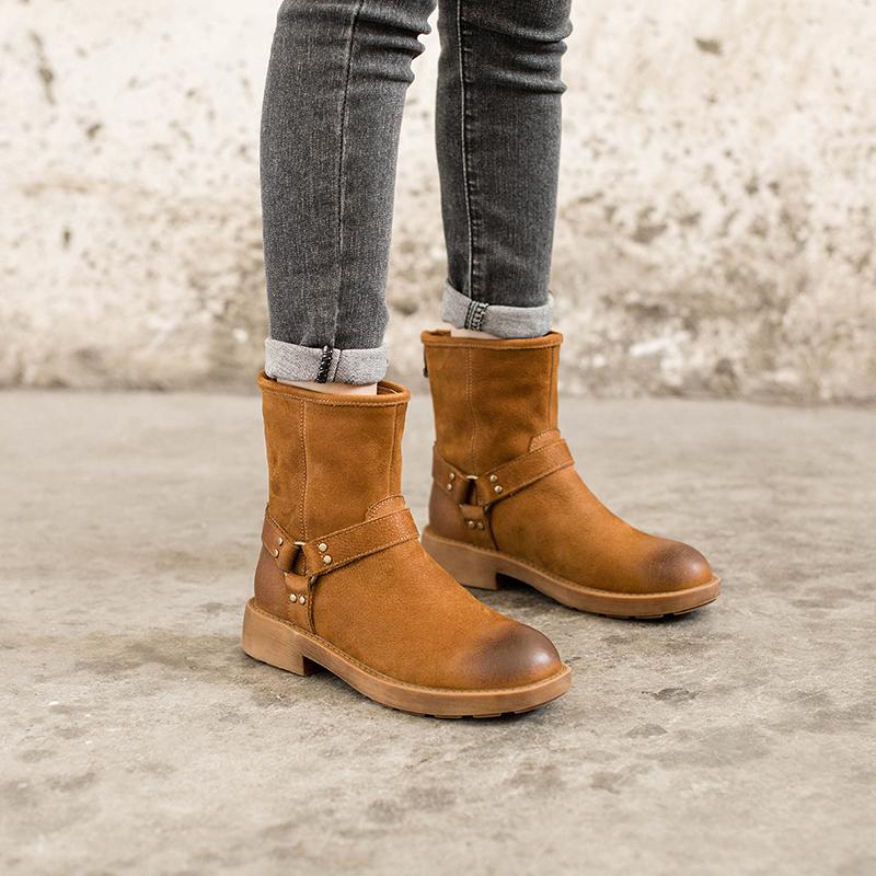 Belted Short Plush Lined Snow Boots Chunky Heel Leather Short Boots For Winer Black /Coffee