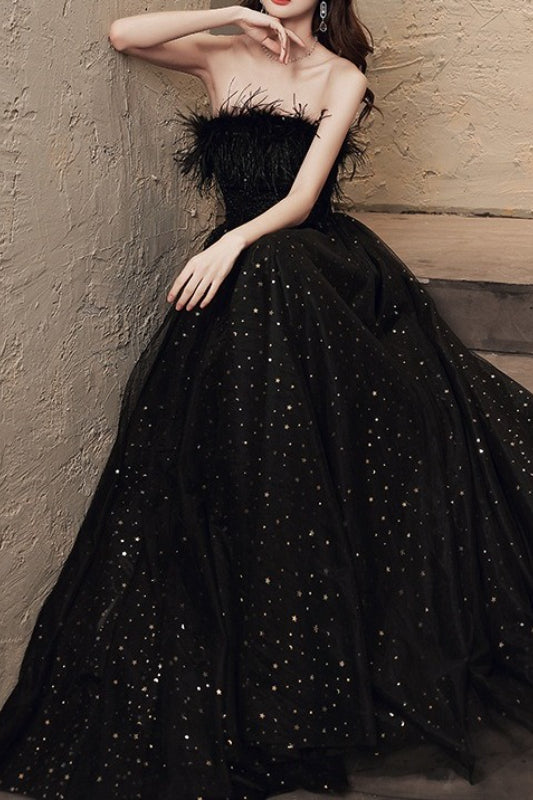 Feather Trim Ball Gown Prom Dress