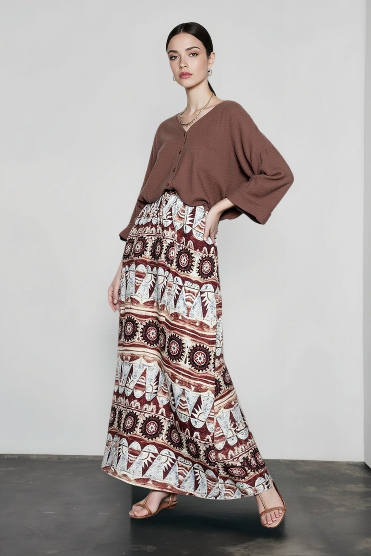 Tribal Geometric Print High Waist A-Line Maxi Skirt 2