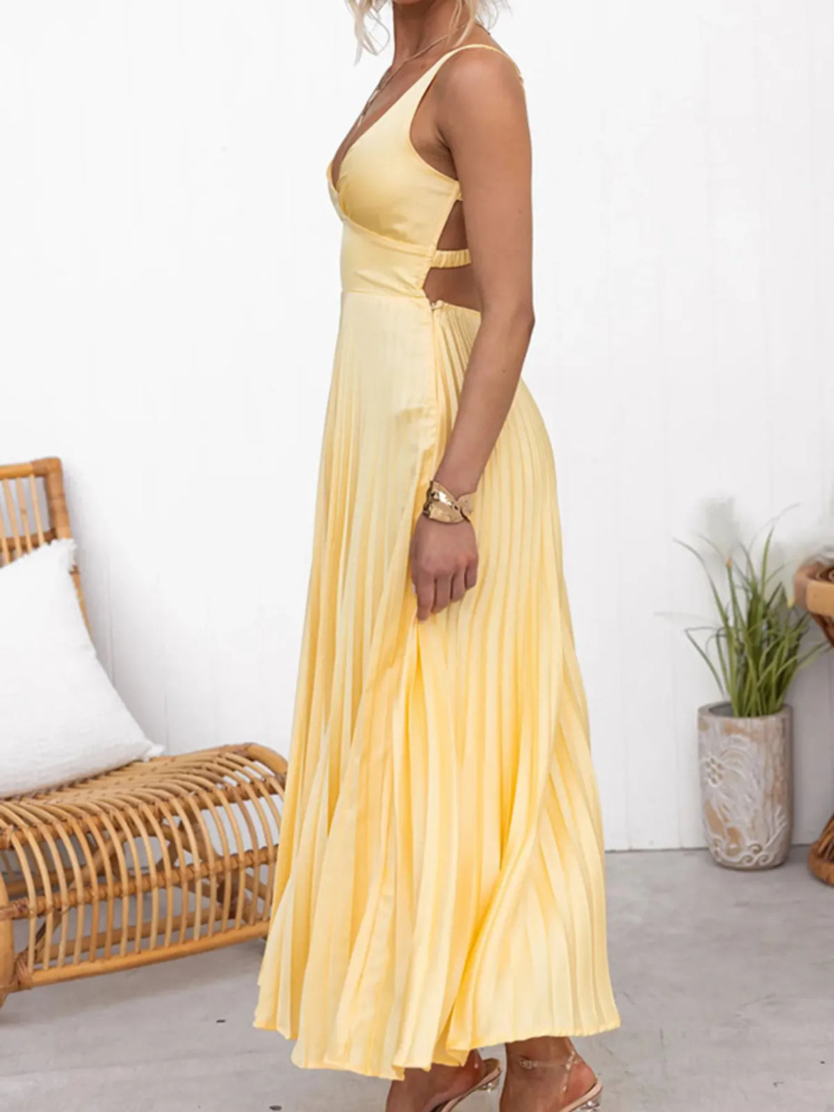 Satin V-Neck Sleeveless Empire Waist Pleated Maxi Dress 5