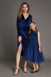 Kids Midnight Blue Strapless Ruffled Maxi Party Dress - View 7