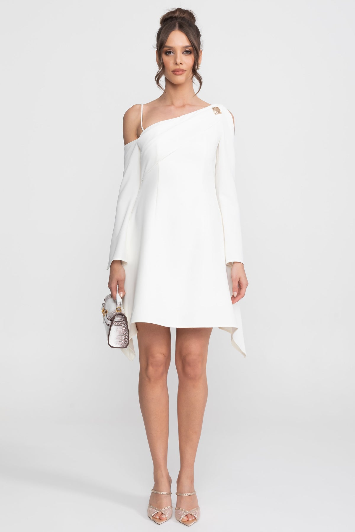 Asymmetric Neck Cold Shoulder Long Sleeve Draped Side Mini Dress 2