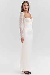 Lace Trim Satin Backless Long Sleeve Fit Lace Dress