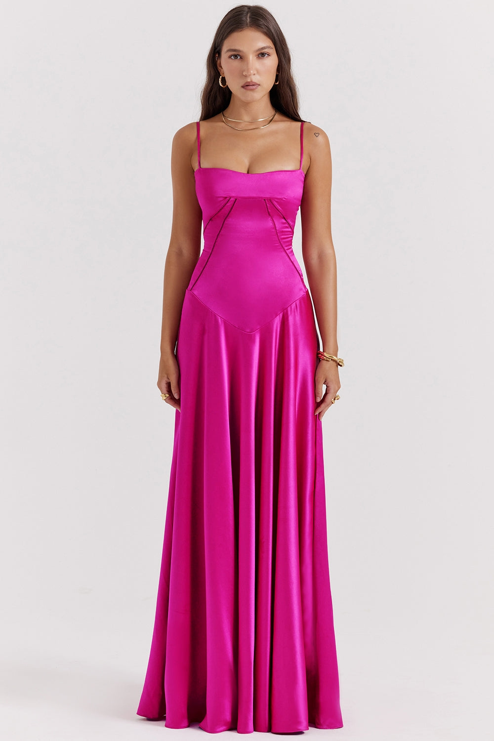 Satin Square Neck Corset Seam Spaghetti Strap Flowy Maxi Dress