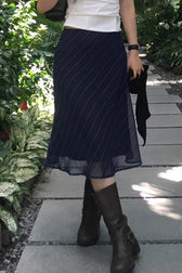Stripe Print Sheer Mesh Knit Midi Skirt