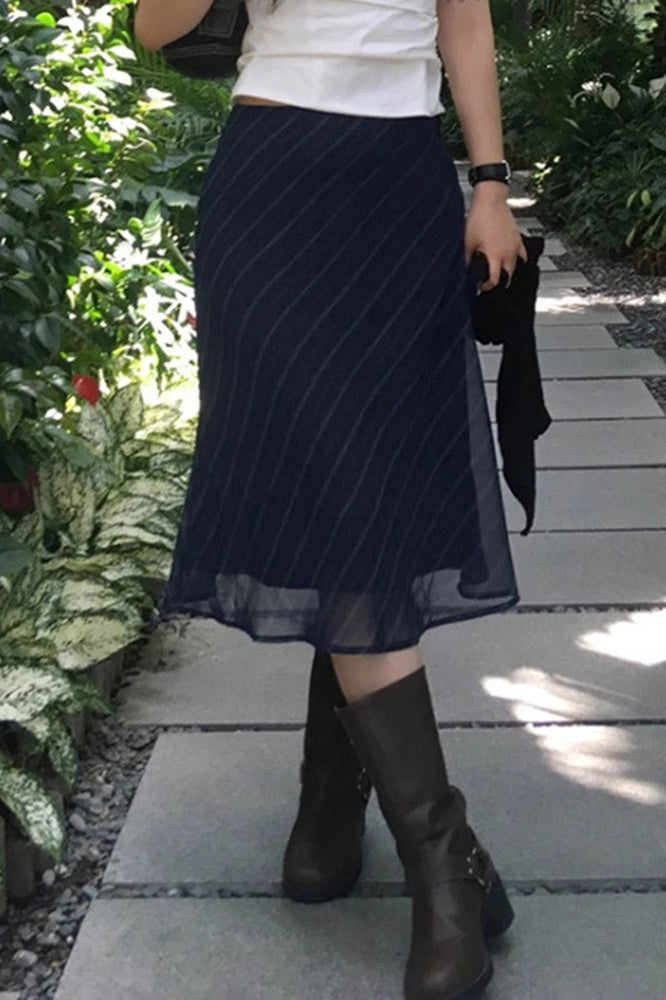Diagonal Stripe Sheer Mesh Overlay Low Waist Midi Skirt 2