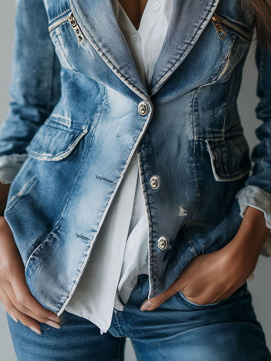 Washed Notch Lapel Single Button Denim Blazer