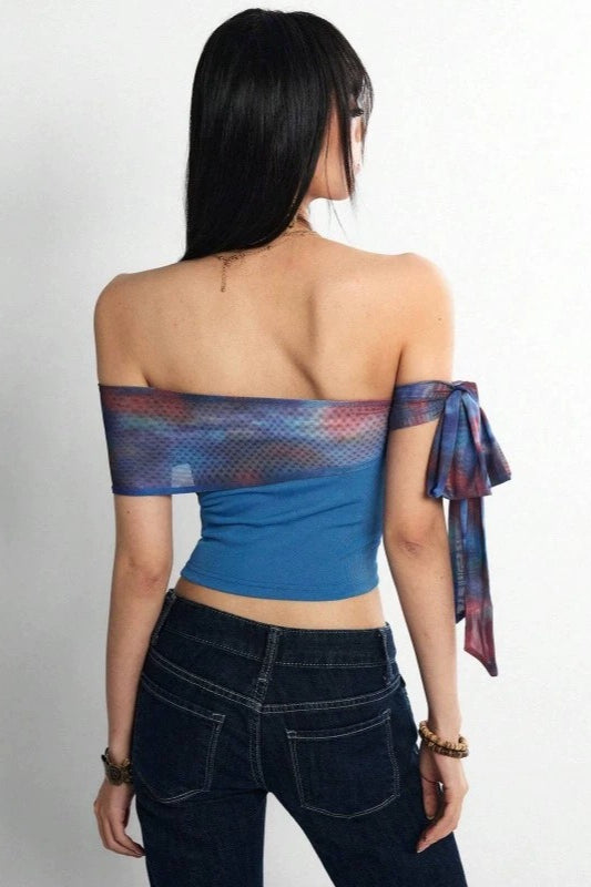 Tie Dye Mesh Overlay Off Shoulder Side Bow Ribbed Crop Top 2