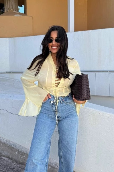 Sheer Lace Up Front Collared Bell Sleeve Blouse