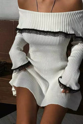 Lace-Trimmed Knit Off-Shoulder Mini Sweater Dress
