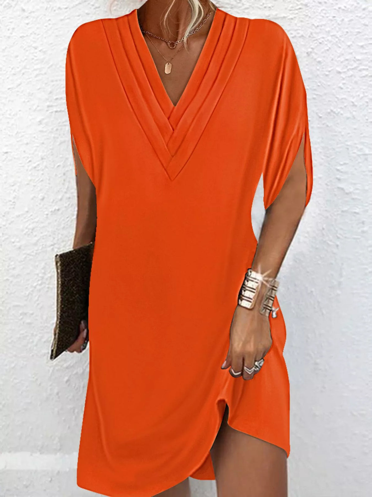 Pleated V-Neck Split Sleeve Relaxed Shift Mini Dress 13