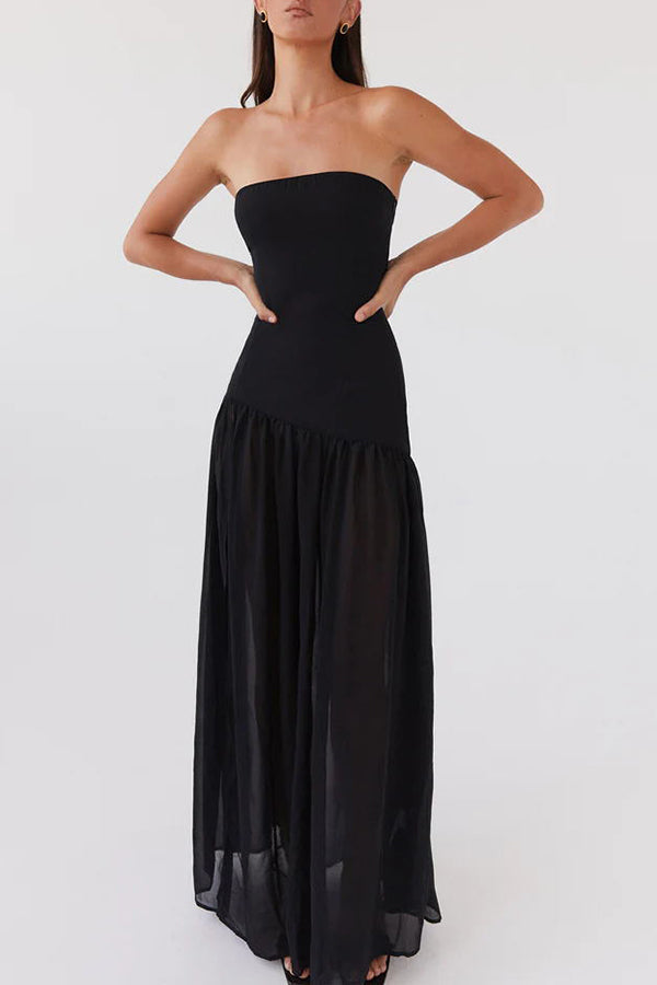 Strapless Drop Waist Gathered Skirt High Split Maxi Dress 13
