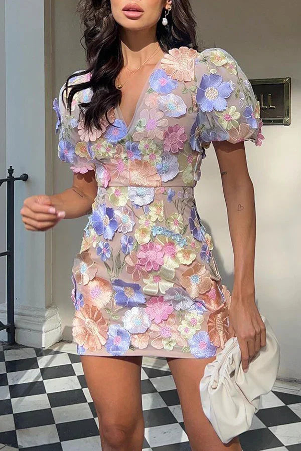 Floral Appliqué V-Neck Puff Sleeve Bodycon Mini Dress
