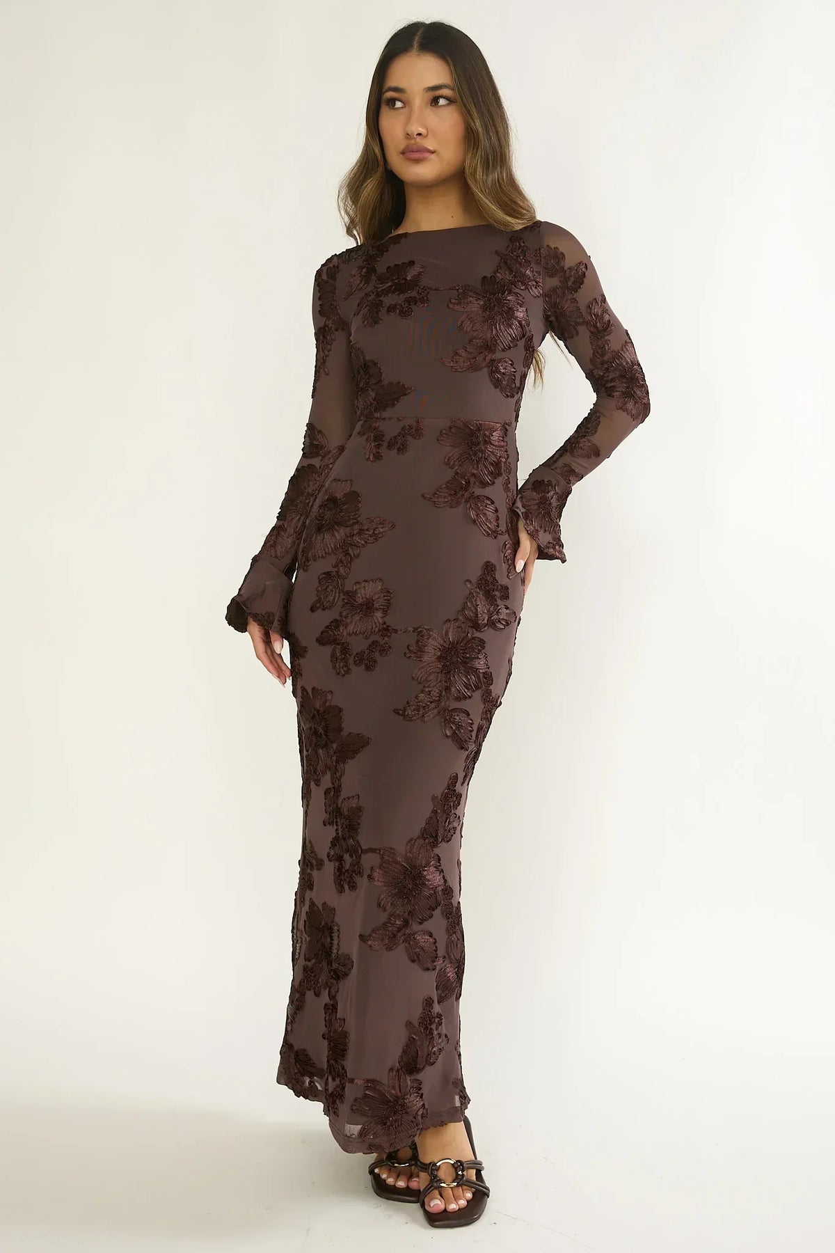 Floral Embroidered Mesh Long Sleeve Flare Cuff Maxi Dress 2