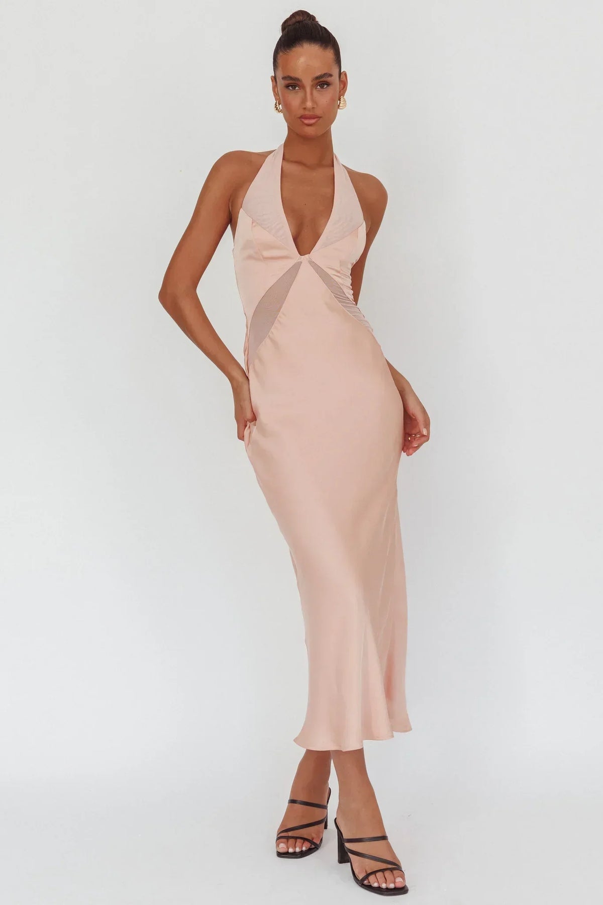 Satin Plunge Halter Neck Sheer Mesh Panel Bias Cut Maxi Dress