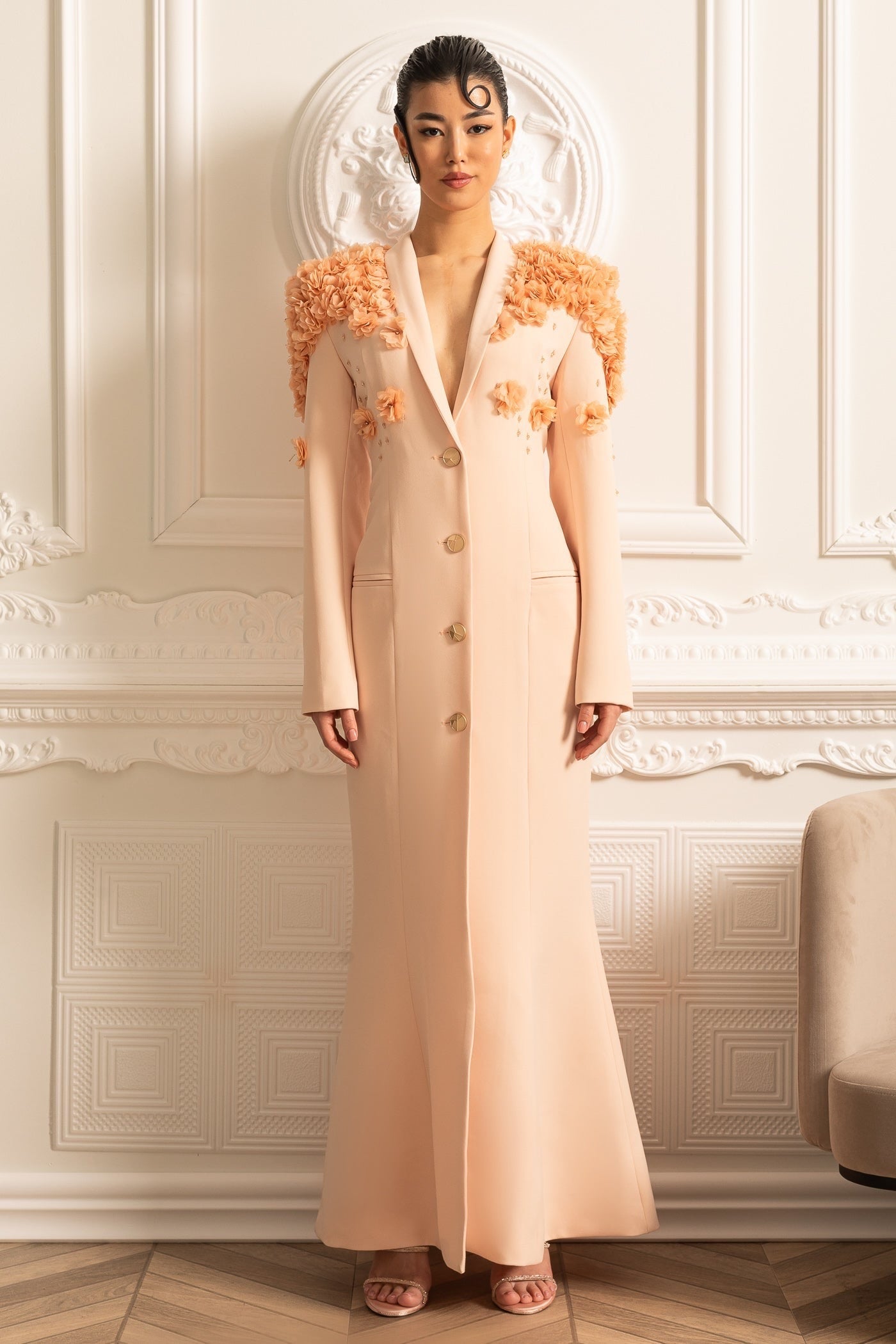 Long Blazer With 3D Contrasting Floral Shoulder And Back Accents - Peach