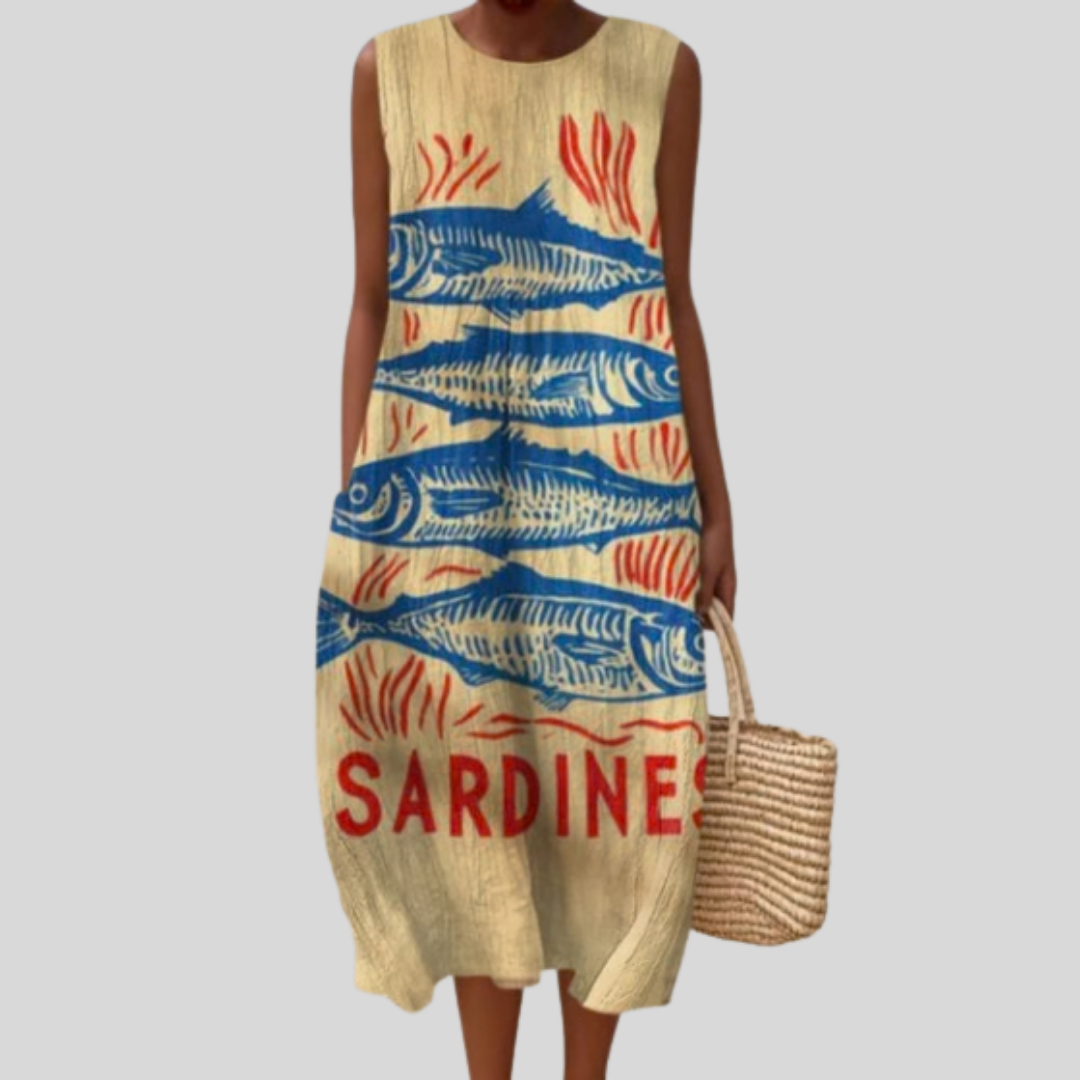 Round Neck Sleeveless Sardine Print Pocket Midi Dress