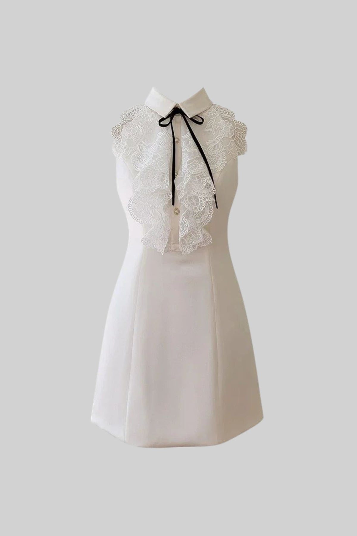 Sleeveless Collared Lace Ruffle Bib Bow Tie A-Line Mini Dress 2