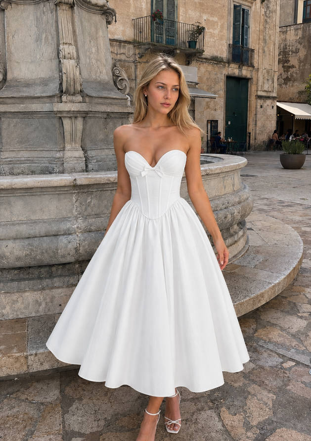 Strapless Sweetheart Bow Front Corset Fit and Flare Midi Prom Dress 7