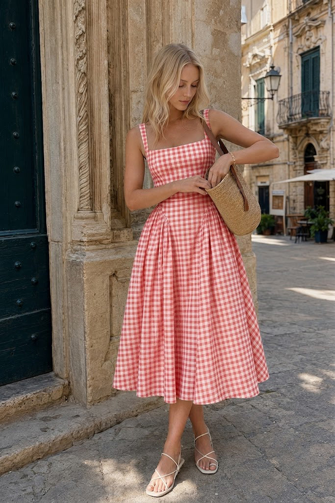 Plaid Printed Ruched Backless Spaghetti Strap Prom Dress