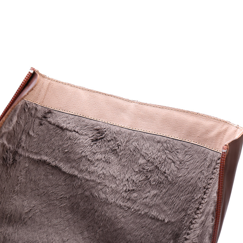 Handmade Soft��Leather Knee High Boots Side Zip Riding Boots Short Plush Lining in Black/Brown