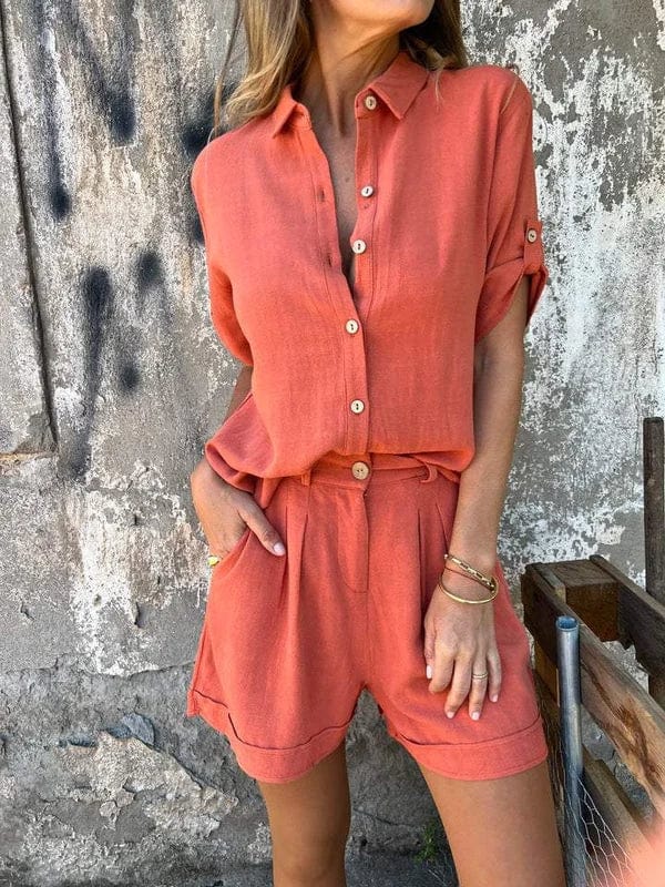 Collared Button Front Shirt and Shorts Two Piece Set