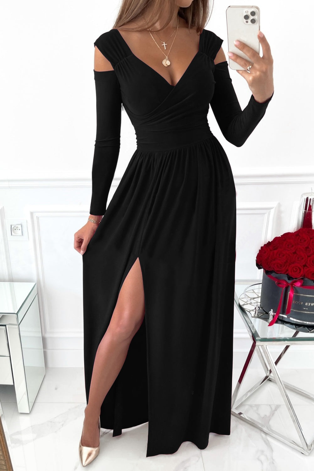 Surplice V-Neck Cold Shoulder Long Sleeve High Split Maxi Dress 4