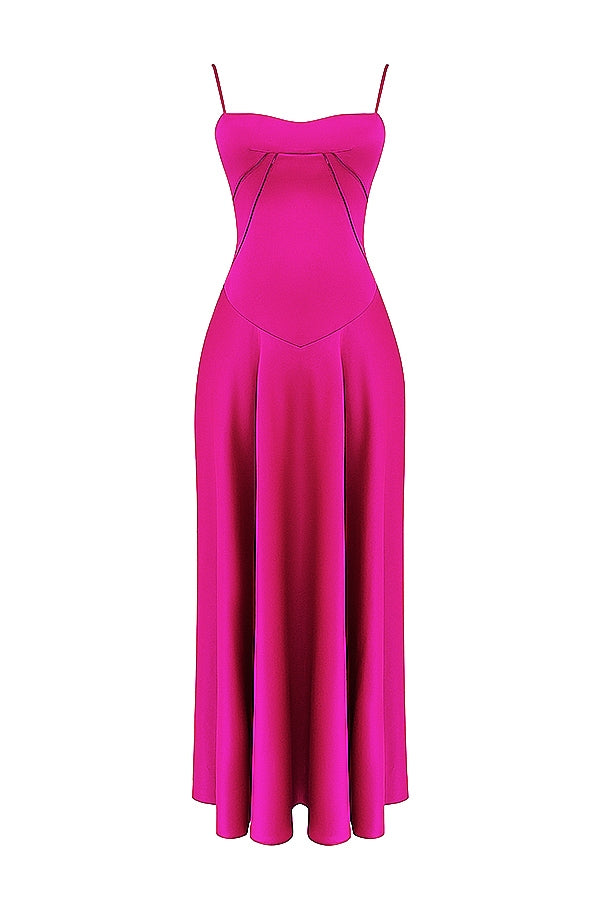 Satin Square Neck Corset Seam Spaghetti Strap Flowy Maxi Dress 19