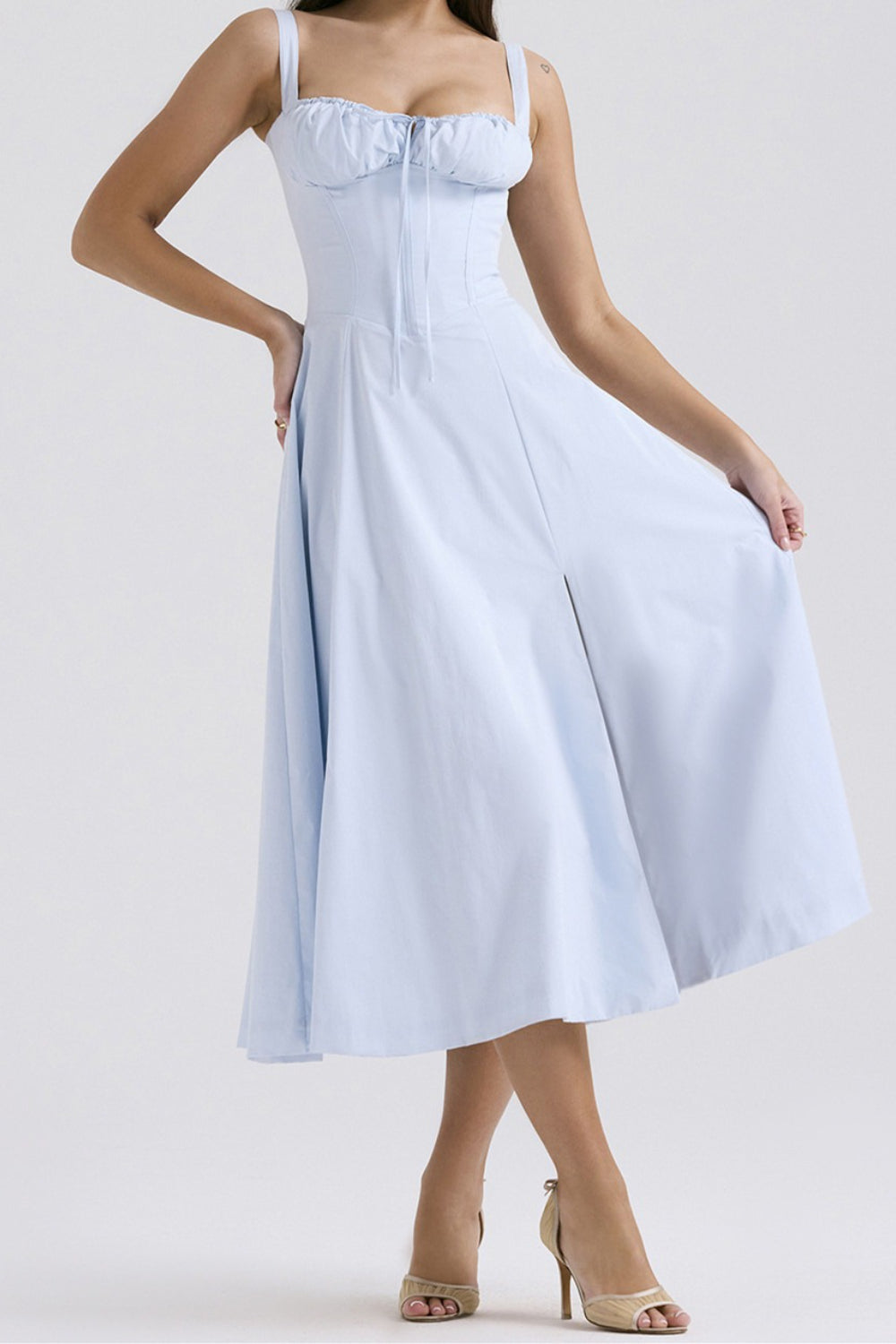 Spaghetti Strap Sweetheart High Split Bustier Midi Dress