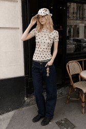 Sheer Polka Dot Mesh Crew Neck Long Sleeve Crop Top