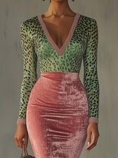 Faux Two Piece Leopard Print V-Neck Long Sleeve Velvet Midi Dress 5