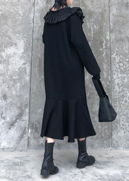 Tiered Ruffle Collar Long Sleeve Ribbed Cuff Flounce Hem Midi Dress