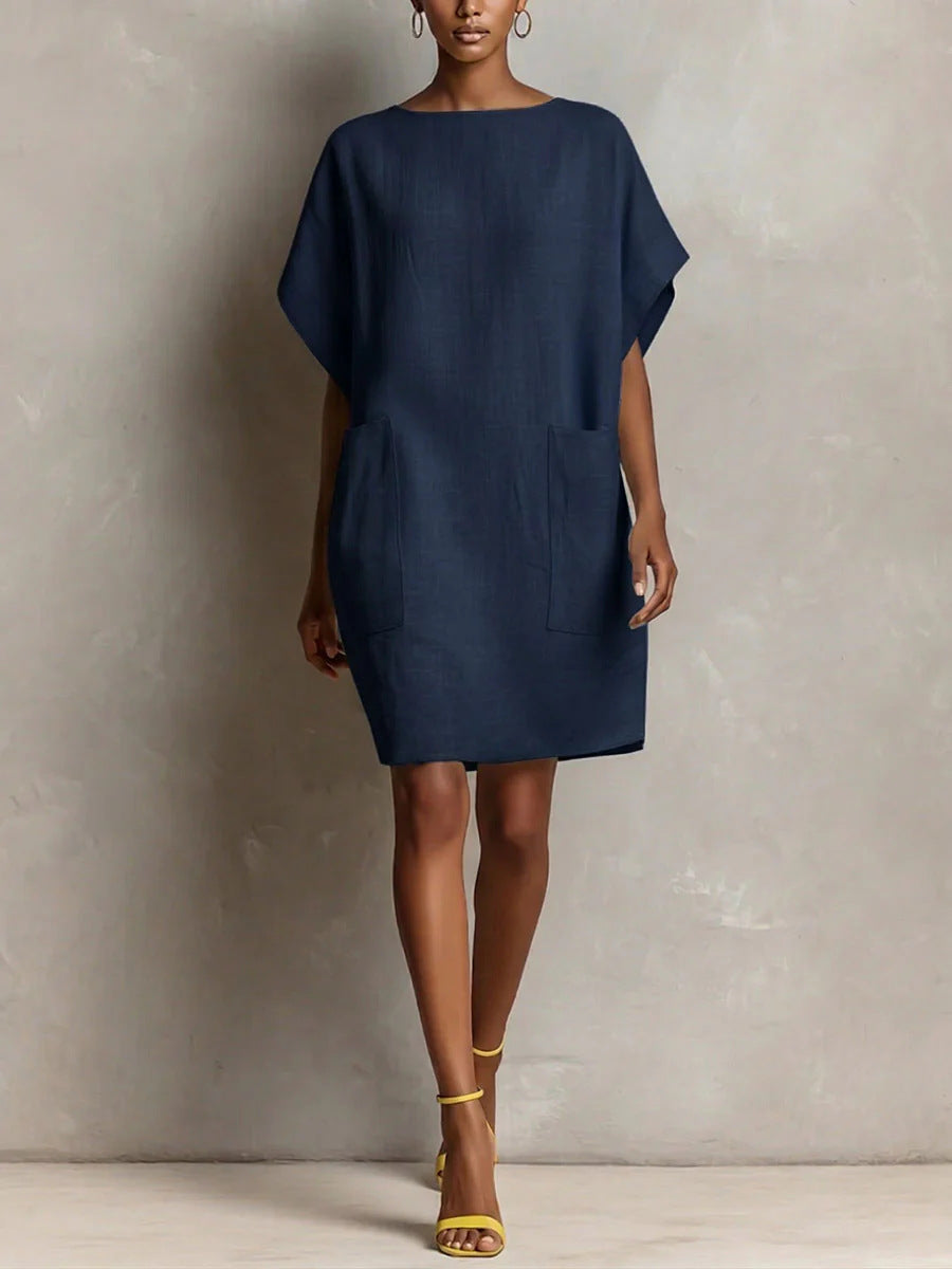 Boat Neck Batwing Sleeve Pocket Shift Mini Dress 8