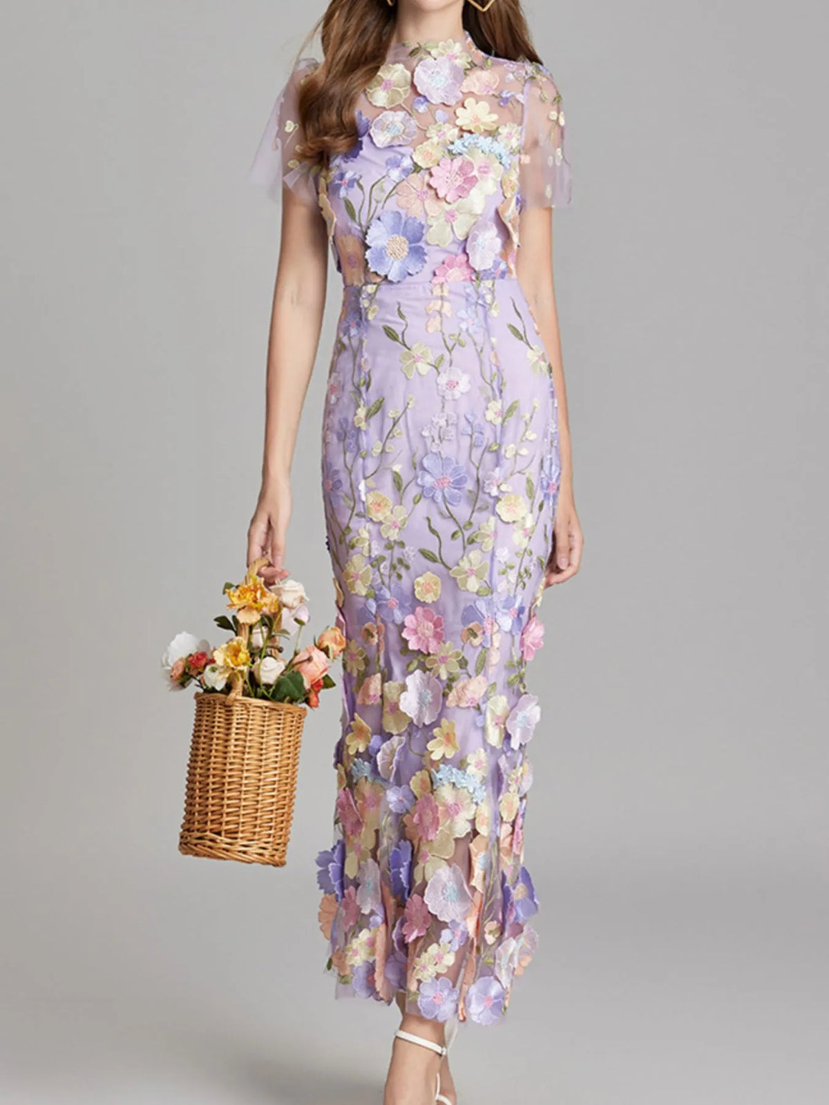 Floral Embroidered Mesh Overlay Maxi Dress