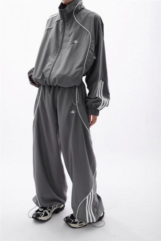 Side Stripe Stand Collar Zip Track Jacket and Wide Leg Track Pants Two Piece Set
