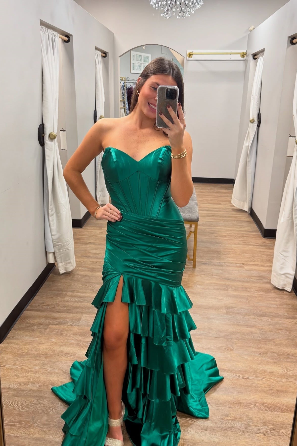 Royal Blue Mermaid Strapless Long Ruffle Satin Prom Dress with Slit