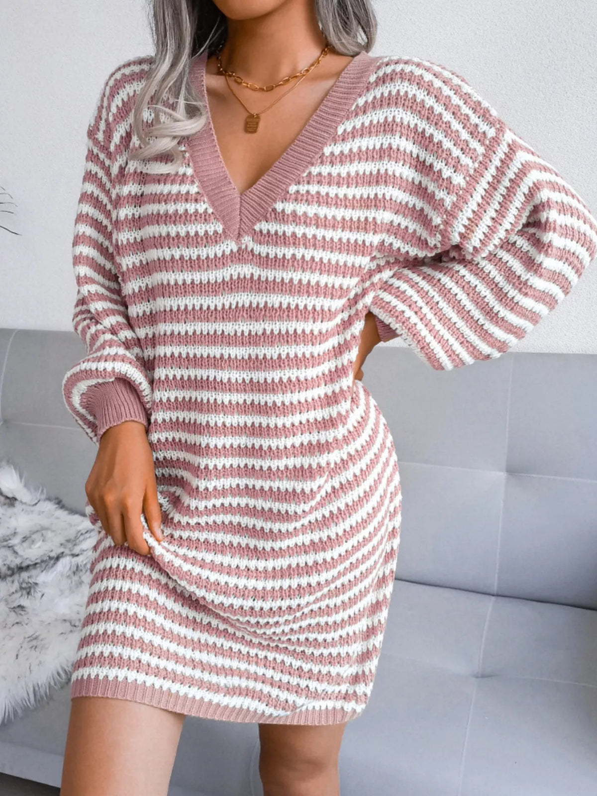 Striped Knit V-Neck Balloon Sleeve Oversized Sweater Dress 4