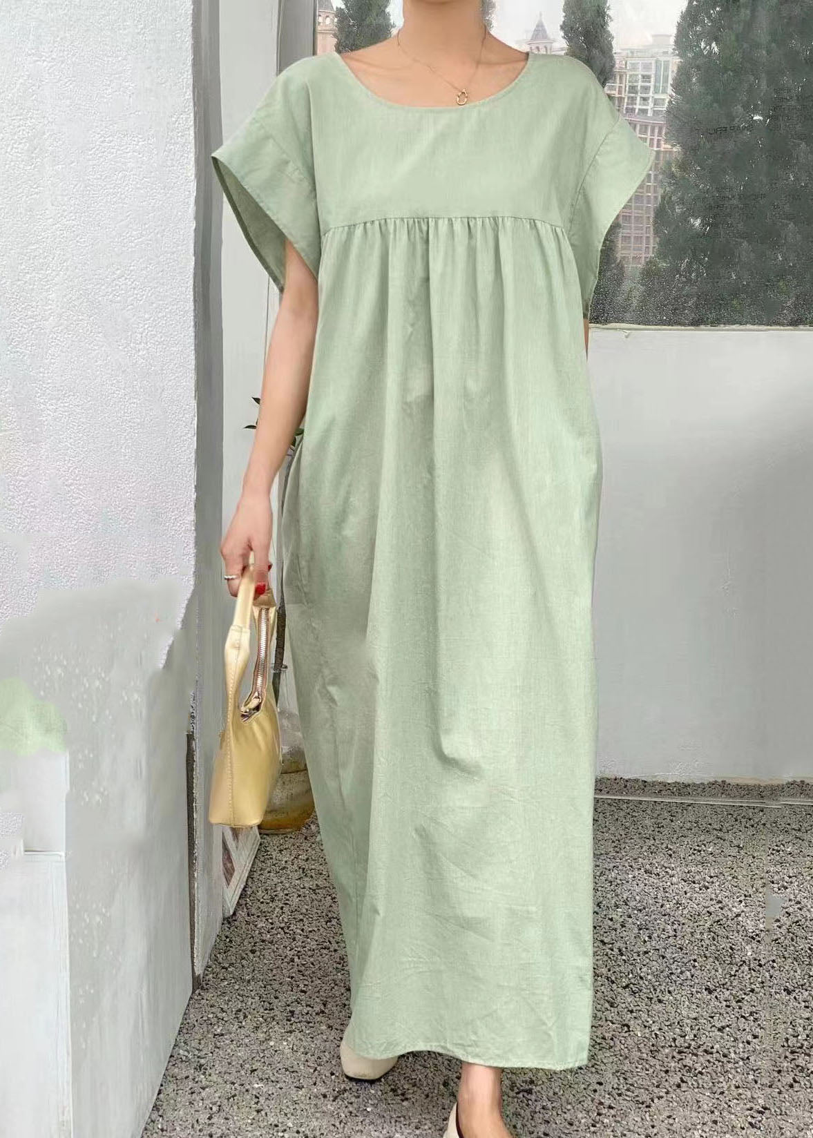Linen Texture V-Neck Twist Front Cap Sleeve Pocket Oversized Midi Dress