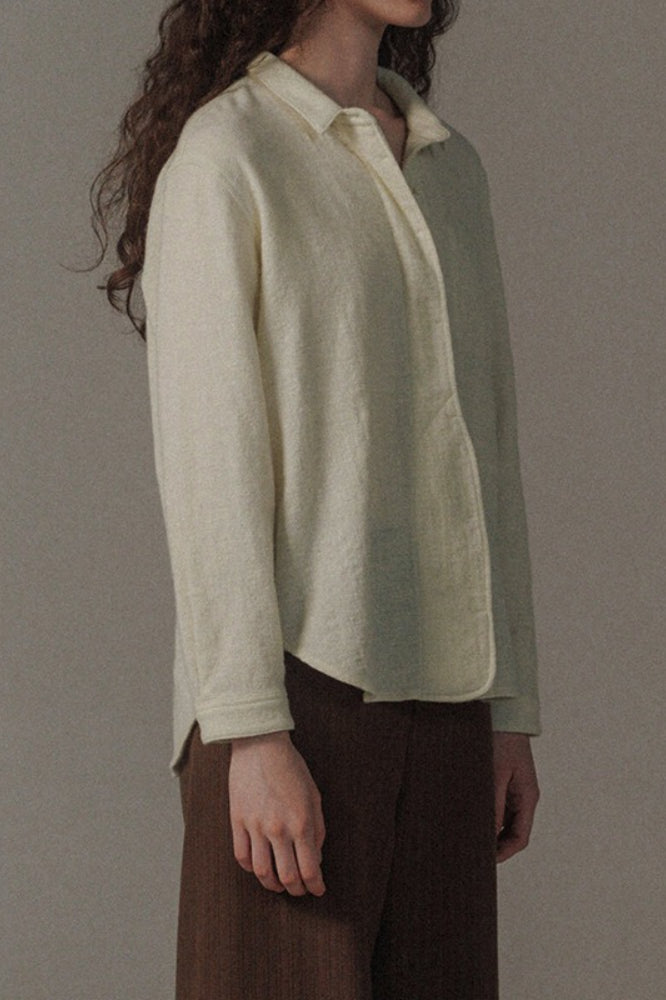 Brushed Texture Collared Long Sleeve Concealed Placket Curved Hem Shirt 3