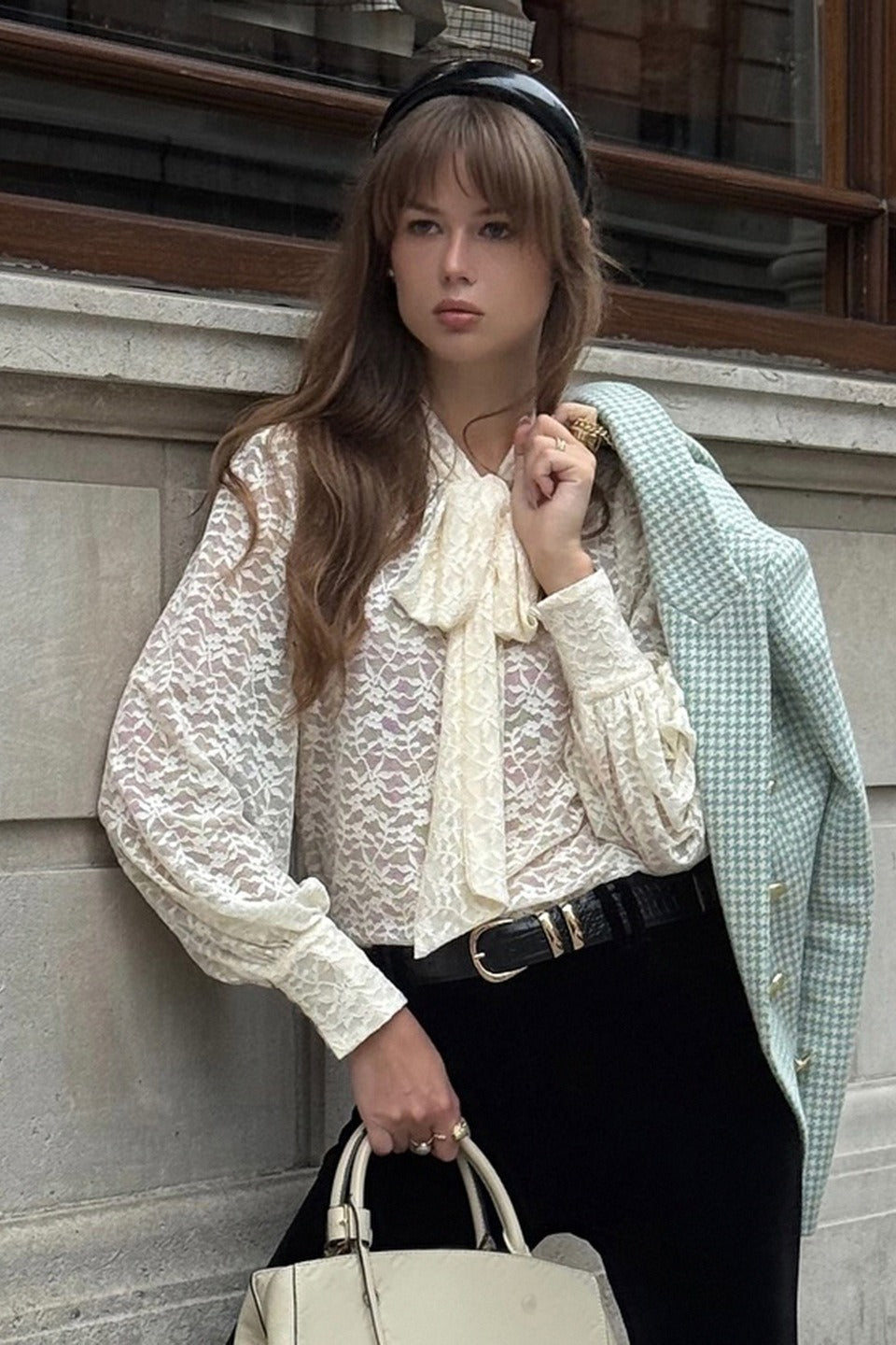 Floral Lace Bow Tie Neck Long Sleeve Sheer Blouse