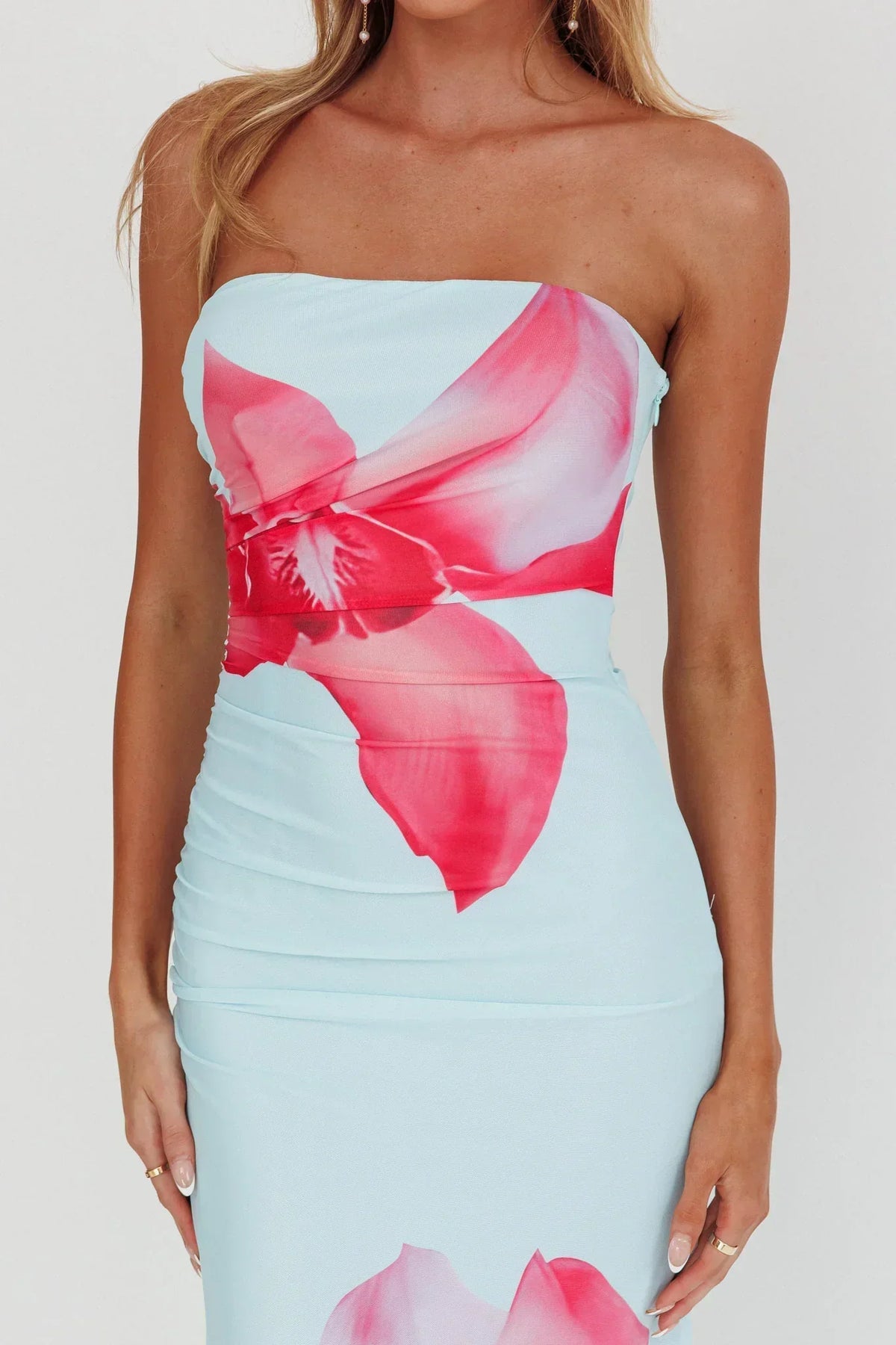Large Floral Print Strapless Ruched Bodycon Maxi Dress 4