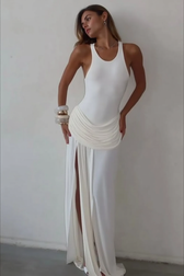 Sexy Solid Fitted High Slit Ruched Sleeveless Party Dress 7