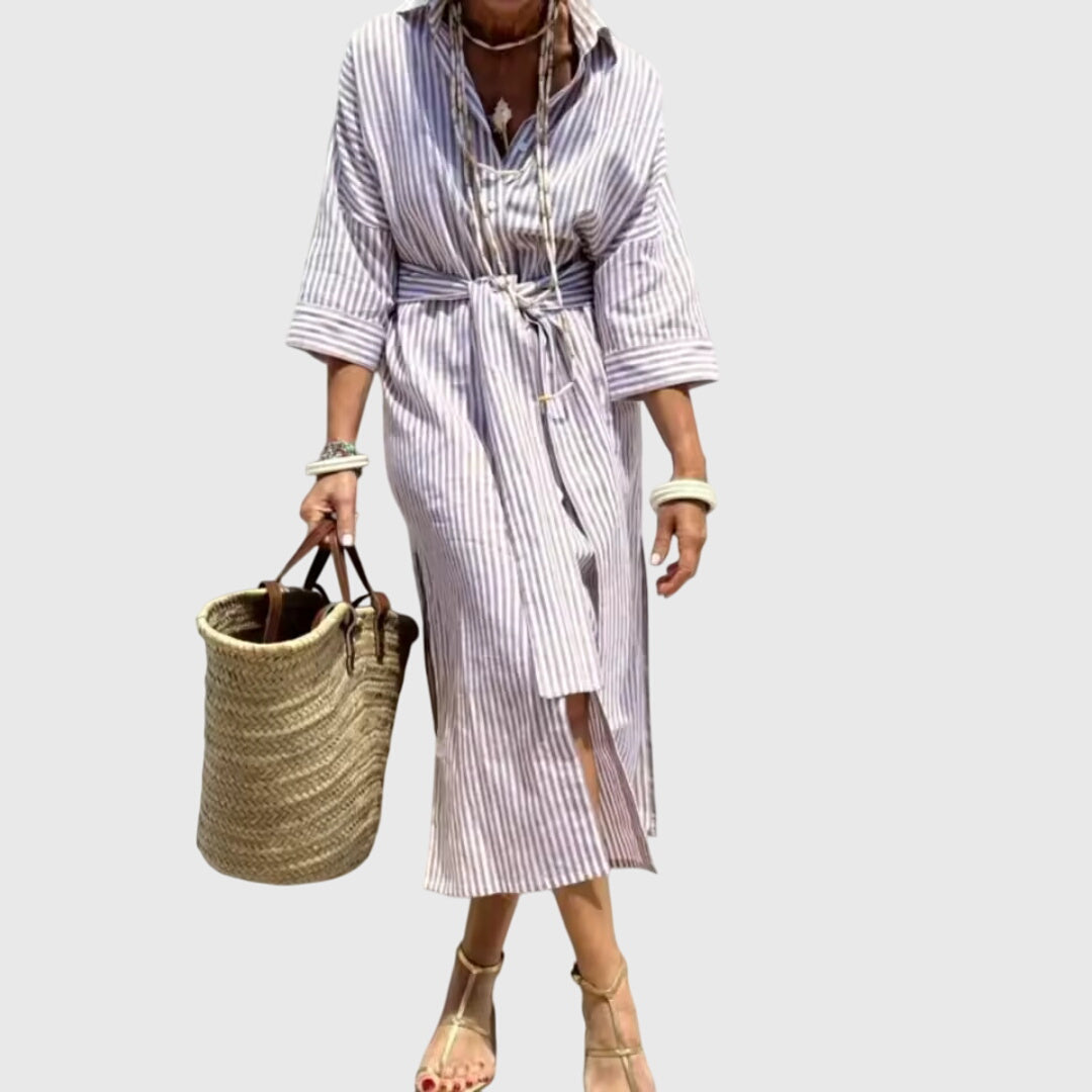 Striped Button Front Long Sleeve Side Split Shirt Dress