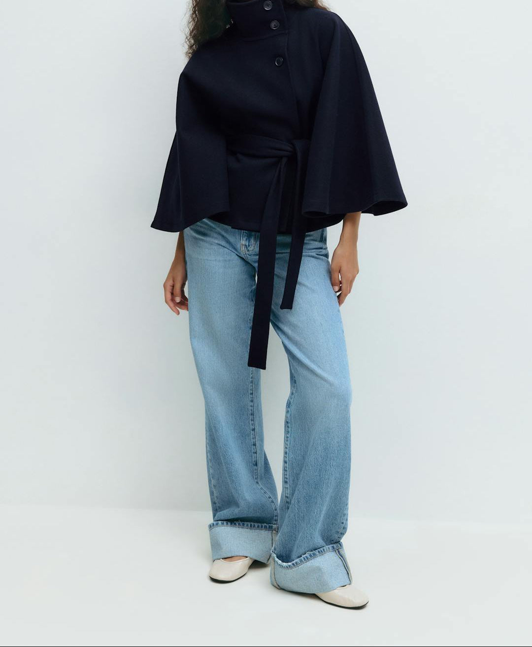 High Neck Button Front Belted Cape Jacket