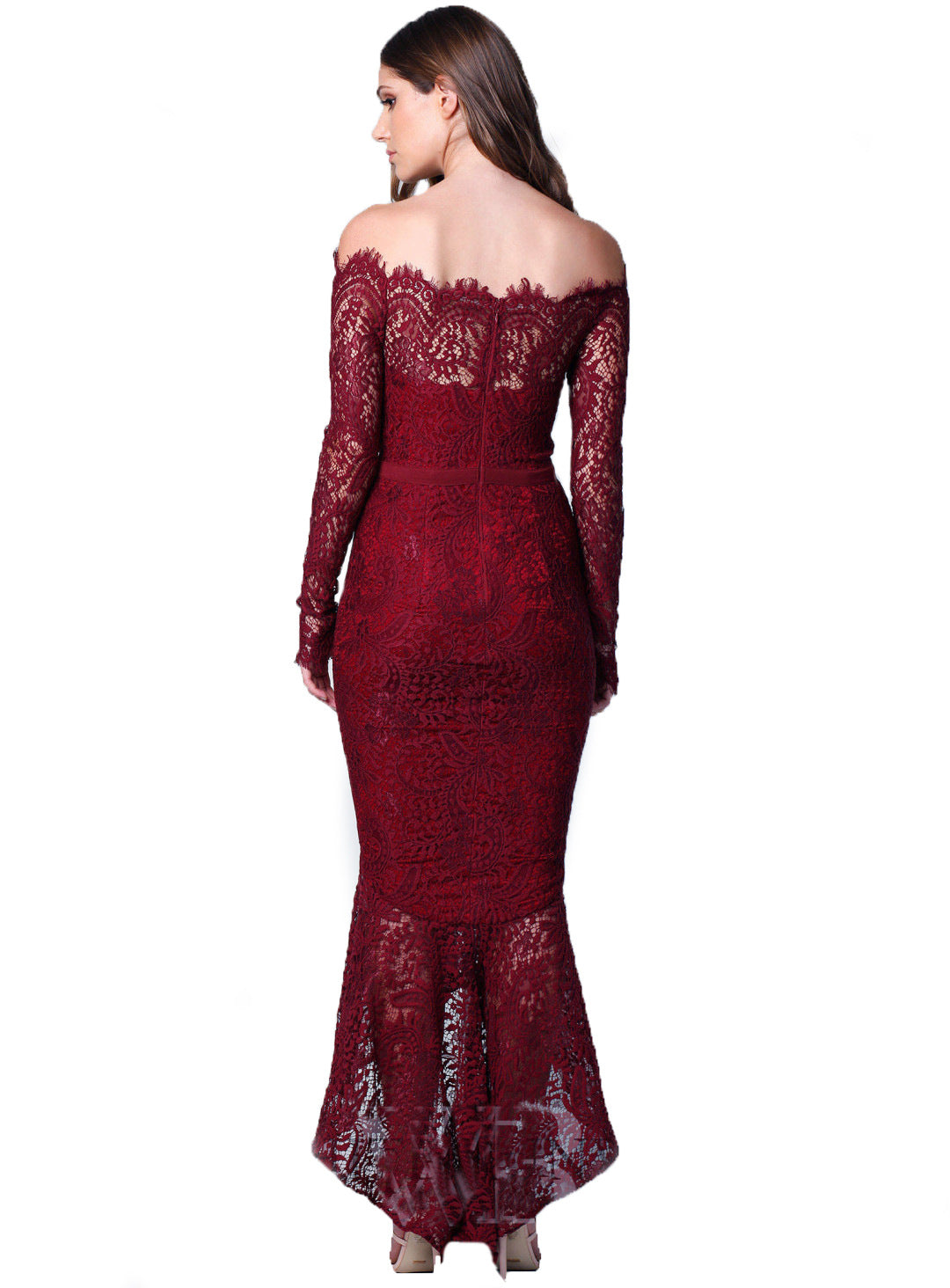 Elegance Lace Trumpet Dress Wine 2